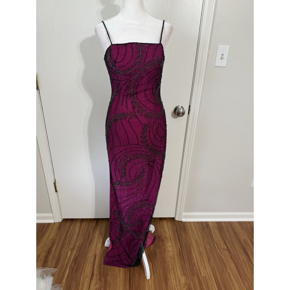 Pink & Black Goth Grunge Y2K Glitter Beaded Fitted Formal Dress 4 Side Slits
